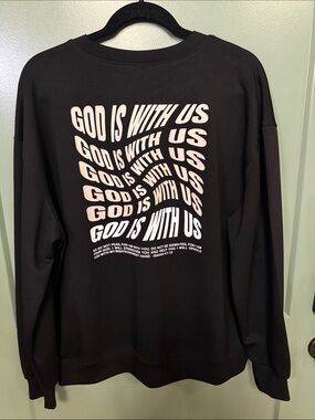NWT Yelete Black Crewneck Sweater with White Graphic Text